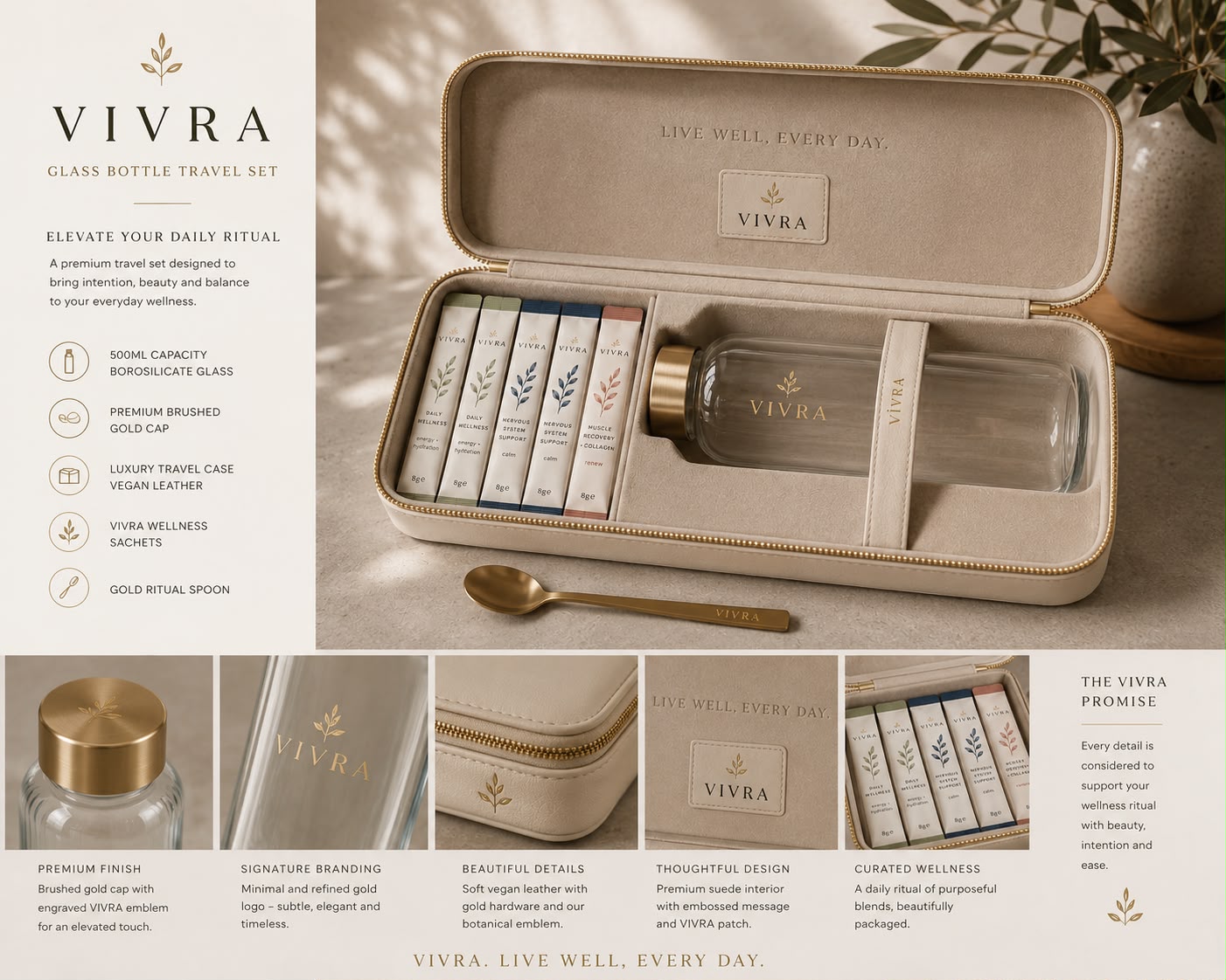 VIVRA Glass Bottle Travel Set — the borosilicate glass bottle with brushed-gold cap, five wellness sachets and gold ritual spoon inside the ivory vegan-leather travel case